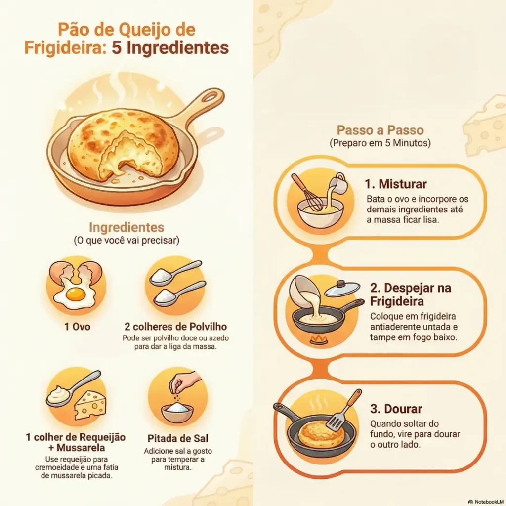 Infográfico visual de receita mostrando os 5 ingredientes exatos e o passo a passo rápido para fazer um pão de queijo de frigideira perfeito e crocante.