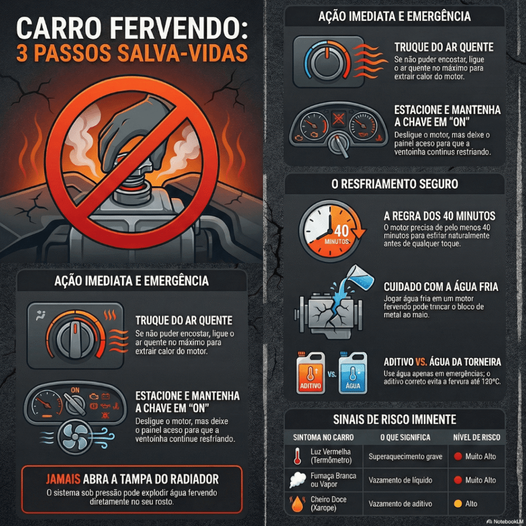 Infográfico de emergência automotiva mostrando os 3 passos de sobrevivência rápidos para um carro fervendo, incluindo o alerta para nunca abrir a tampa do radiador quente, o truque de ligar o ar quente e a regra de esperar 40 minutos para não fundir o motor.