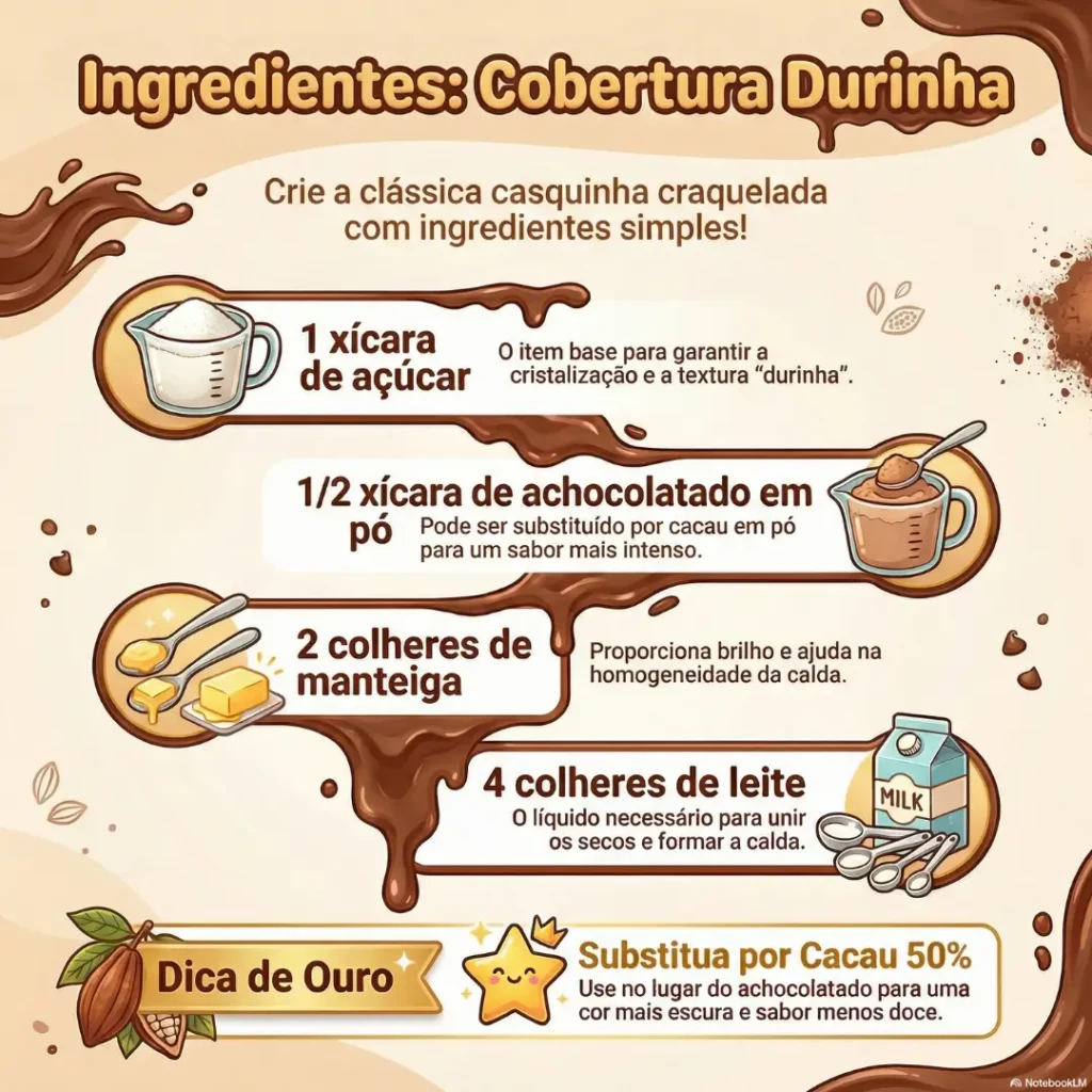 Infográfico com a lista de ingredientes e medidas exatas para fazer a cobertura de chocolate durinha perfeita, garantindo uma casquinha craquelada brilhante para o bolo.