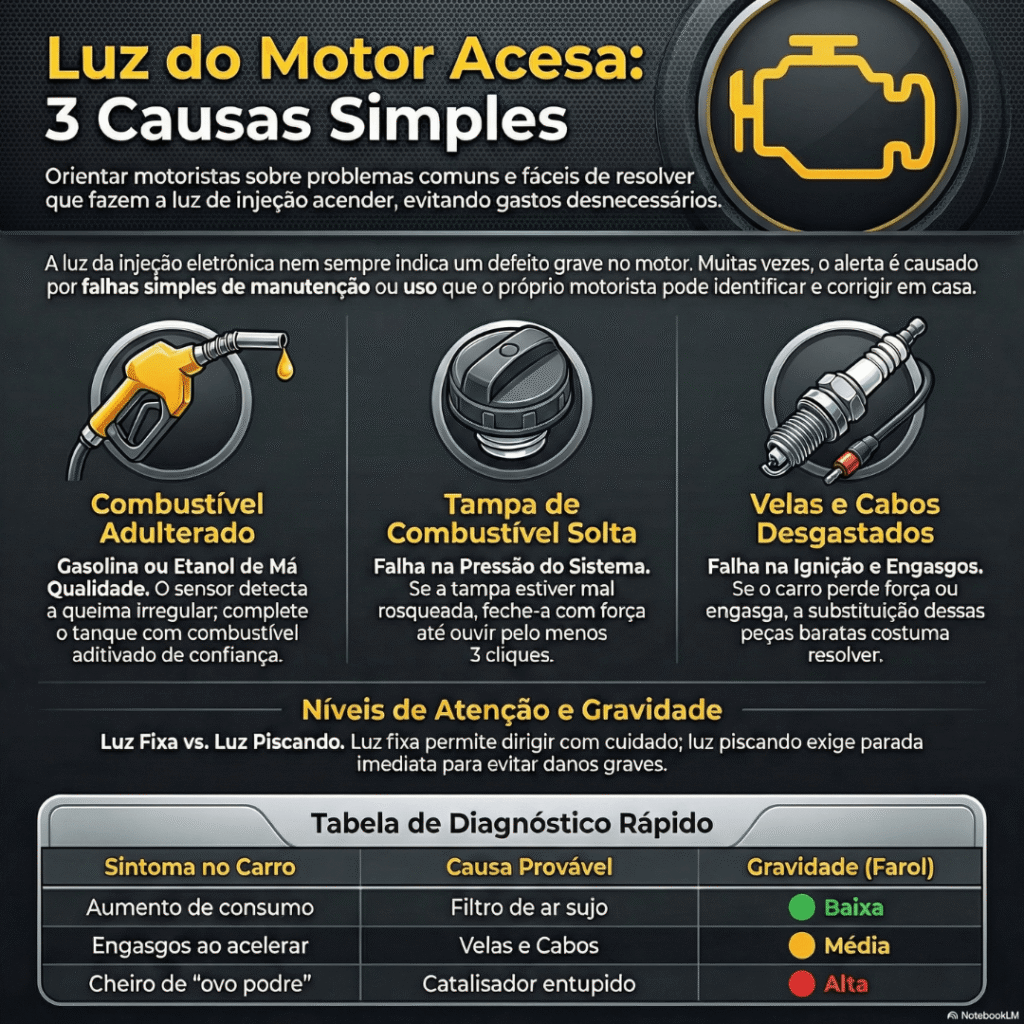Infográfico automotivo mostrando as 3 causas principais para a luz do motor acesa no painel, incluindo combustível adulterado, tampa do tanque mal fechada e velas de ignição desgastadas.