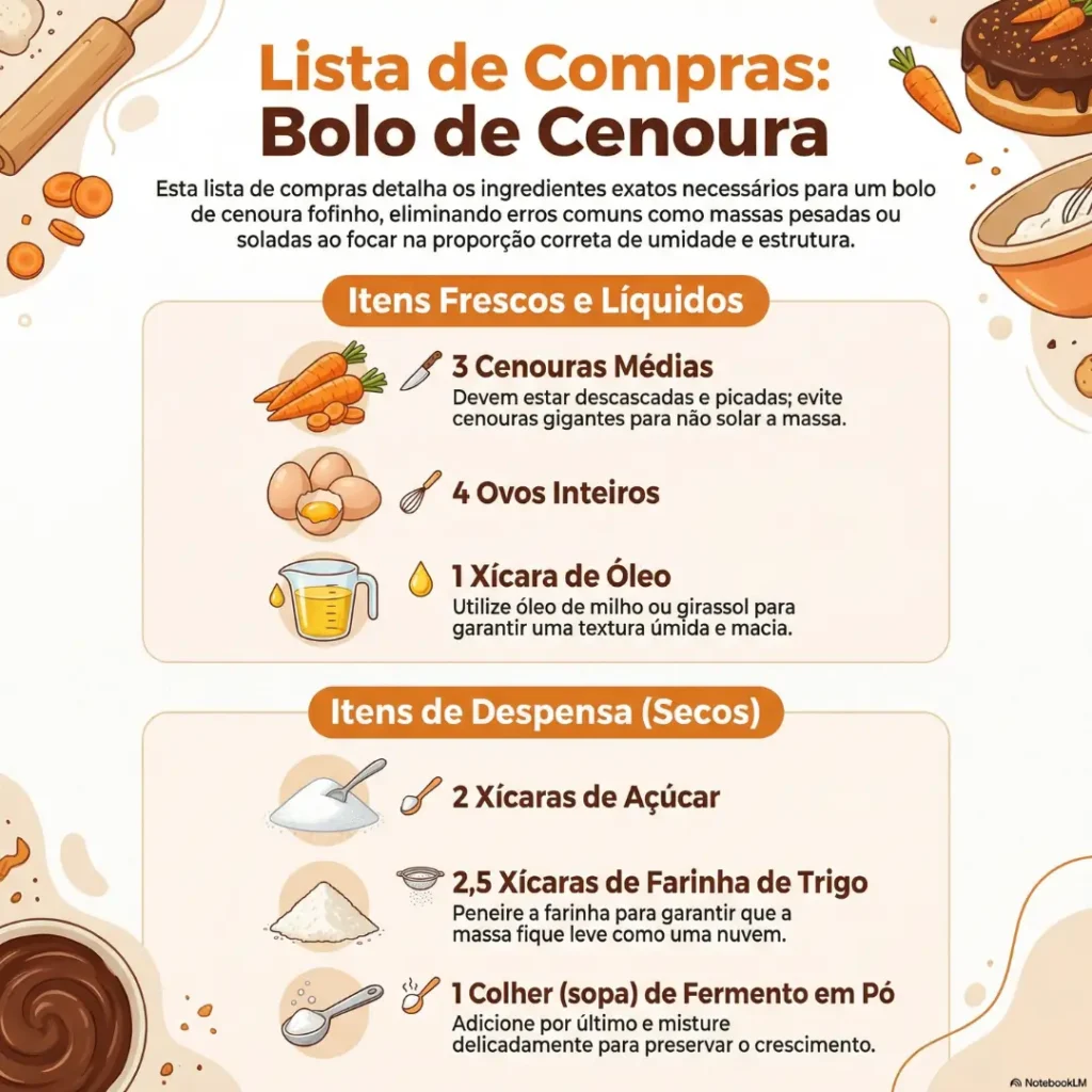 Infográfico com a lista de compras e os ingredientes exatos passo a passo para fazer o bolo de cenoura fofinho de liquidificador perfeito, sem deixar a massa solar.