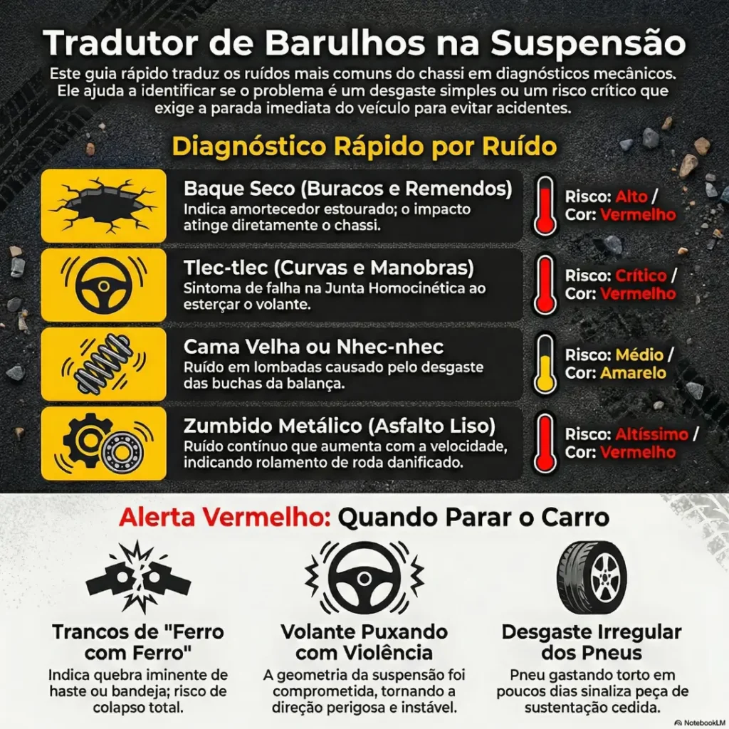 Infográfico automotivo explicando os principais barulhos na suspensão do carro, detalhando o que significam ruídos como baque seco e tlec-tlec, as peças com defeito e o nível de risco de acidente.