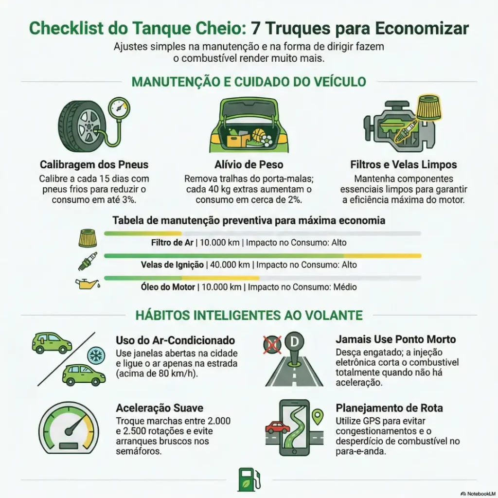 Infográfico Checklist do Tanque Cheio mostrando como economizar combustível com 7 truques práticos de mecânica e hábitos ao volante.