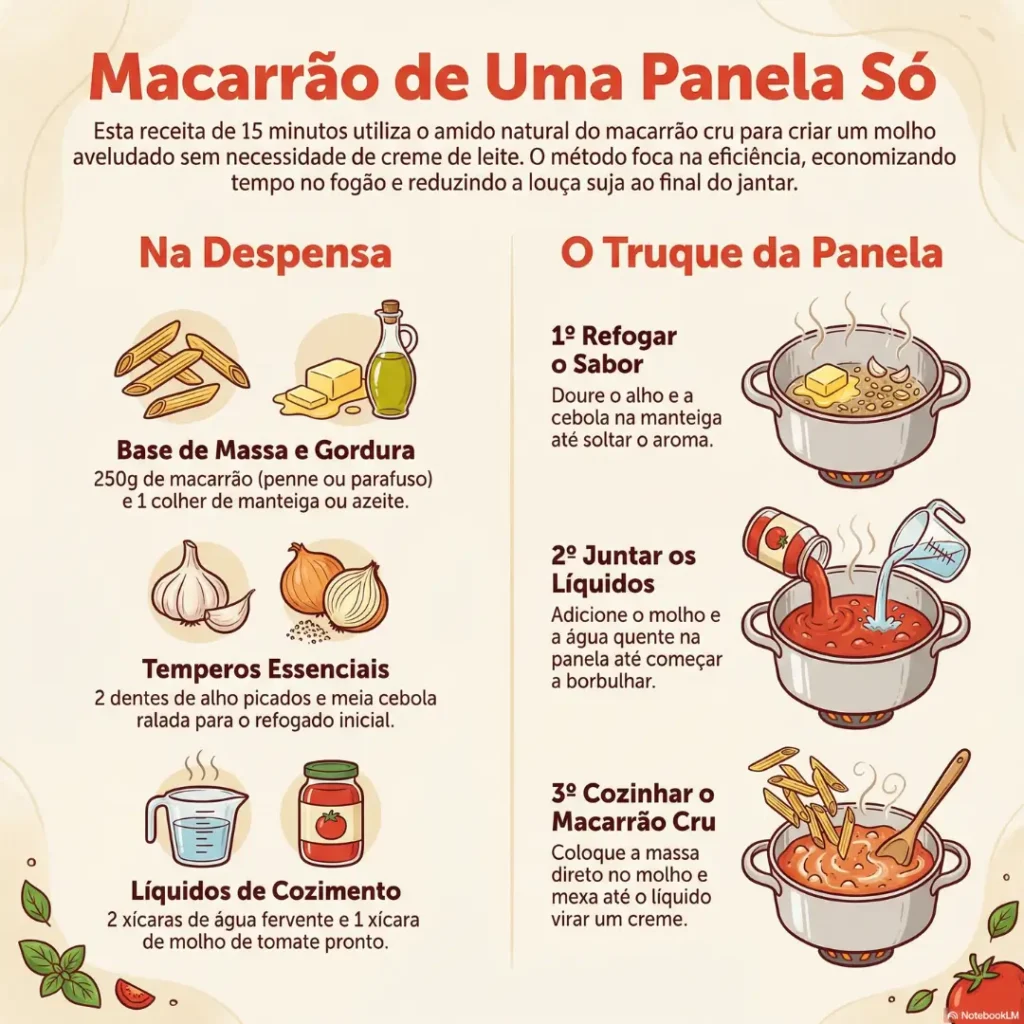 Infográfico visual de receita mostrando os ingredientes simples e o passo a passo prático em uma única panela para fazer um macarrão cremoso em 15 minutos.
