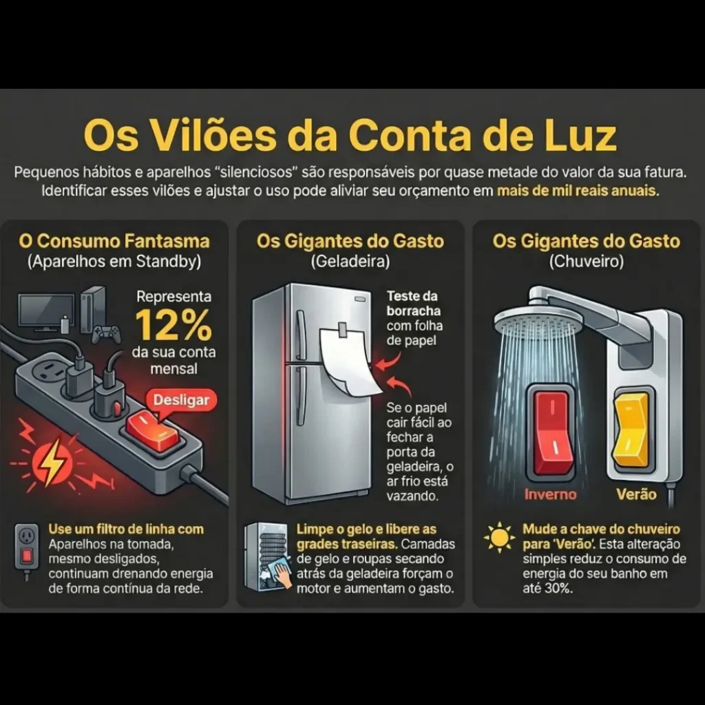 Infográfico de economia doméstica detalhando os três principais vilões da conta de luz: o consumo fantasma dos aparelhos em standby, o teste da borracha da geladeira e o uso correto do chuveiro elétrico no modo verão.