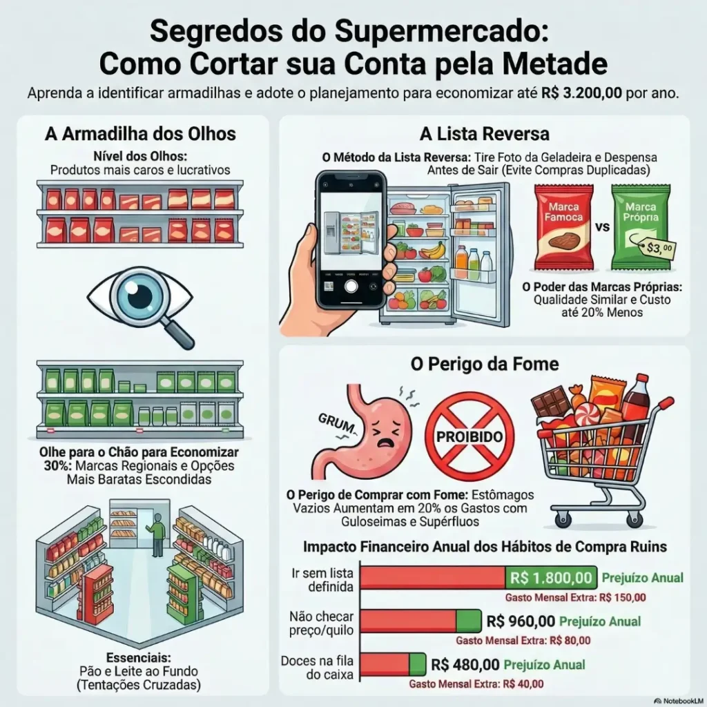 Infográfico de economia doméstica mostrando 3 segredos para o supermercado: a dica de olhar para as prateleiras de baixo, o truque de tirar foto da geladeira antes de sair e o alerta para nunca fazer compras com fome.