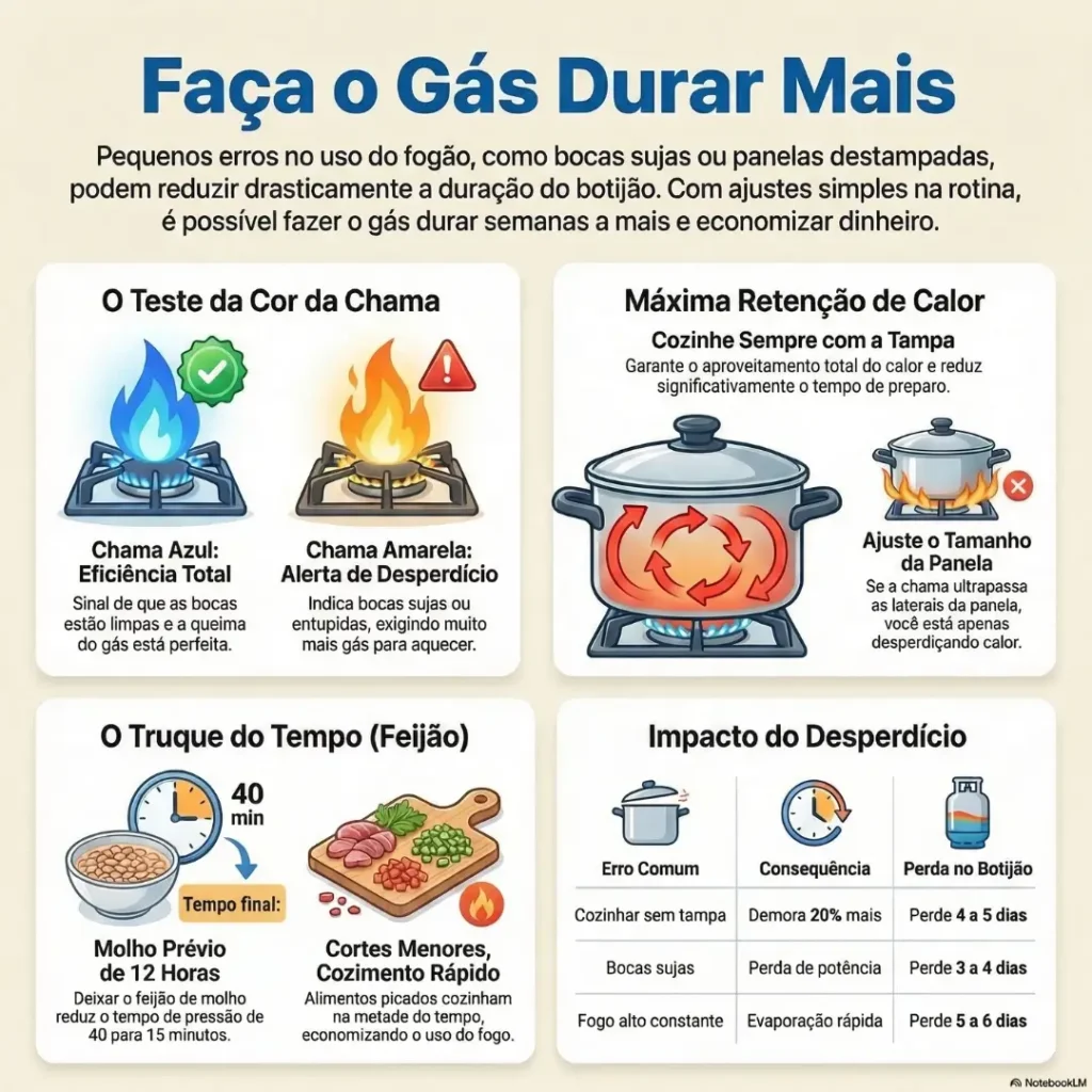 Infográfico de economia doméstica mostrando três truques práticos para o gás de cozinha durar mais: a importância da chama azul no fogão, o uso da tampa nas panelas para reter calor e o segredo de deixar o feijão de molho.