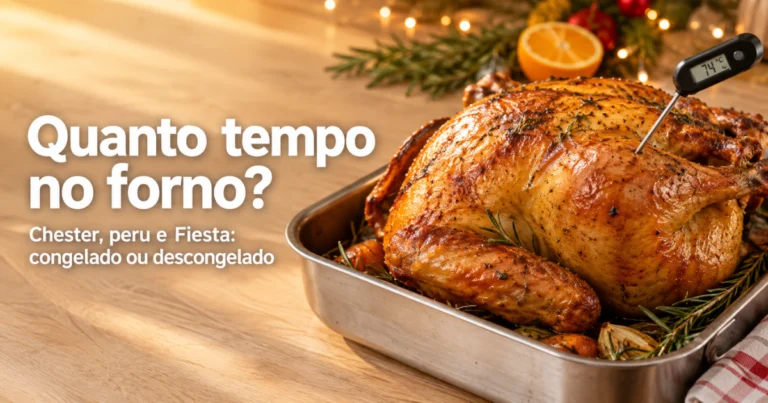 Ave de Natal assada numa assadeira, com um termômetro culinário espetado na coxa.