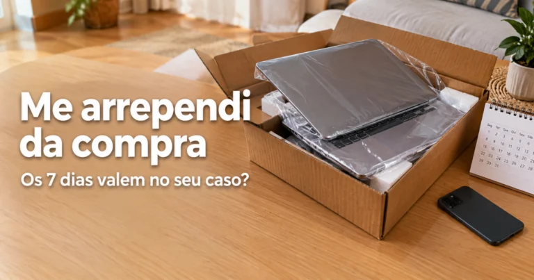 Caixa de papelão aberta sobre uma mesa, com um notebook dentro e um calendário ao lado.