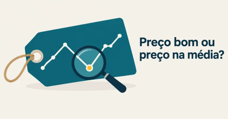 Gráfico de linha com a variação do preço de um produto ao longo dos meses, sobre uma etiqueta de preço, com uma lupa sobre o ponto mais baixo.
