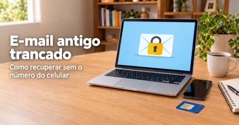 Notebook aberto numa mesa com um cadeado na tela, ao lado de um celular e de um chip de operadora, sugerindo a recuperação de uma conta de e-mail.