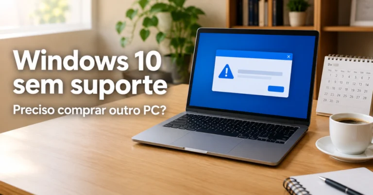 Notebook aberto numa mesa, com um aviso de fim do suporte na tela e um calendário ao lado.