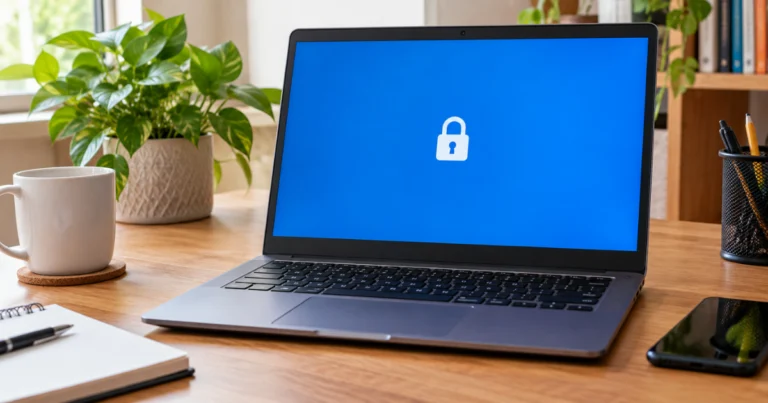 Notebook com a tela azul travada, pedindo a chave de recuperação do BitLocker