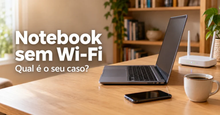 Notebook aberto sobre mesa de madeira ao lado de um roteador Wi-Fi, um celular e uma xícara de café