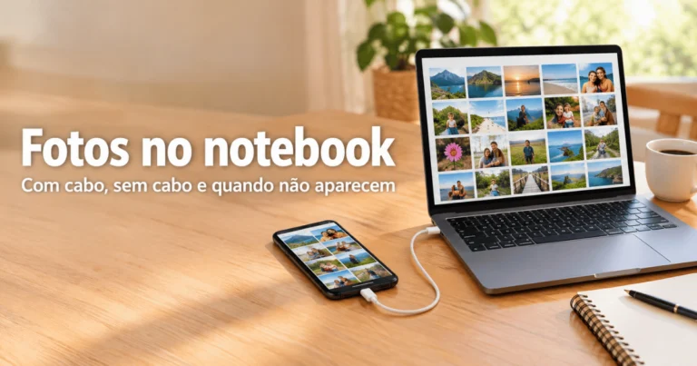 Celular ligado por cabo USB a um notebook aberto com miniaturas de fotos na tela, sobre mesa de madeira