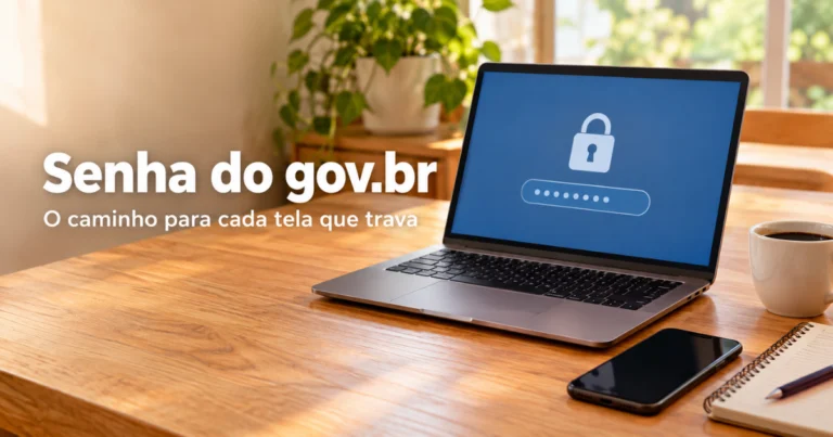 Notebook com tela de login genérica e um cadeado, ao lado de um celular apagado, sobre mesa de madeira