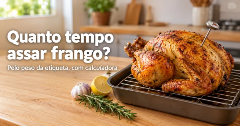 Frango inteiro assado e dourado sobre uma grade numa assadeira, ao lado de um termômetro de espeto, limão e alho