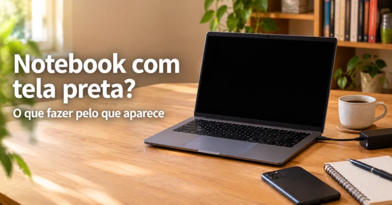 Notebook aberto sobre uma mesa de madeira clara com a tela toda preta, o carregador ligado ao lado e uma xícara de café