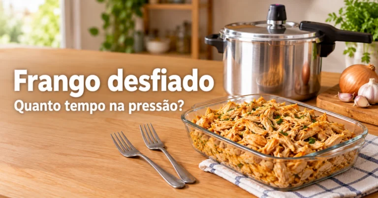Frango desfiado em uma travessa ao lado de uma panela de pressão sobre mesa de madeira clara