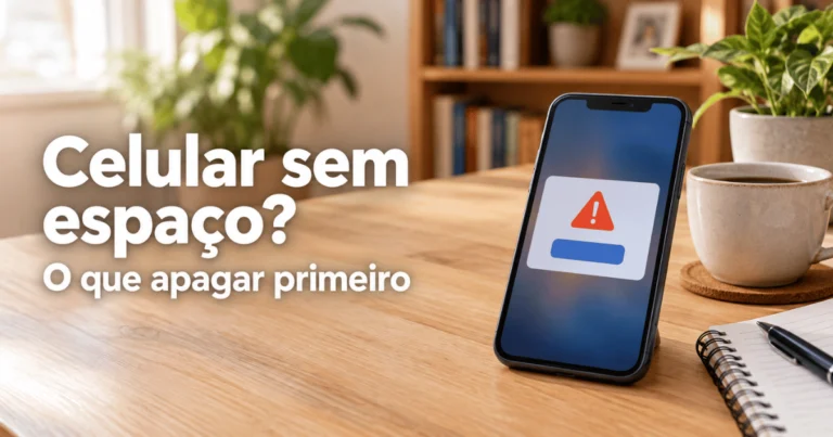 Celular sobre uma mesa de madeira clara com uma janela de aviso na tela, ao lado de uma xícara de café e um caderno