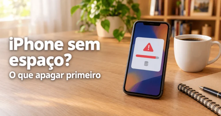 iPhone sobre uma mesa de madeira clara com uma janela de aviso genérica na tela, ao lado de uma xícara de café e um caderno
