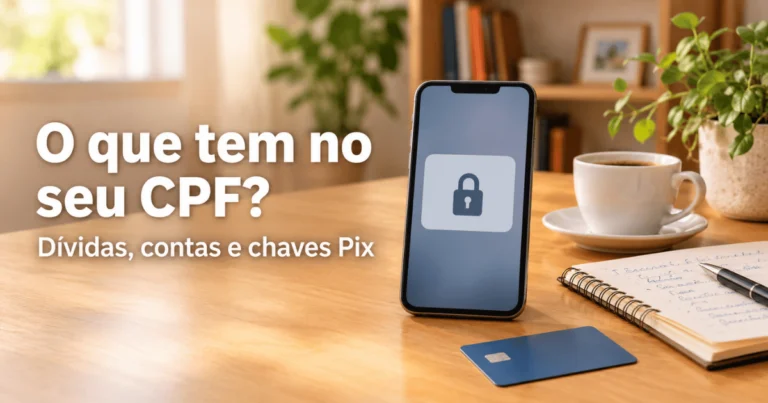 Celular com uma janela de aviso genérica com um cadeado na tela, sobre uma mesa de madeira clara, ao lado de um caderno aberto, uma xícara de café e um cartão bancário sem marca