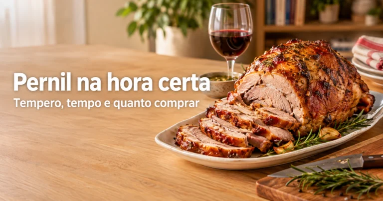 Pernil assado e dourado, fatiado em parte, numa travessa sobre mesa de madeira, com tábua, faca de trinchar, alecrim e taça ao lado