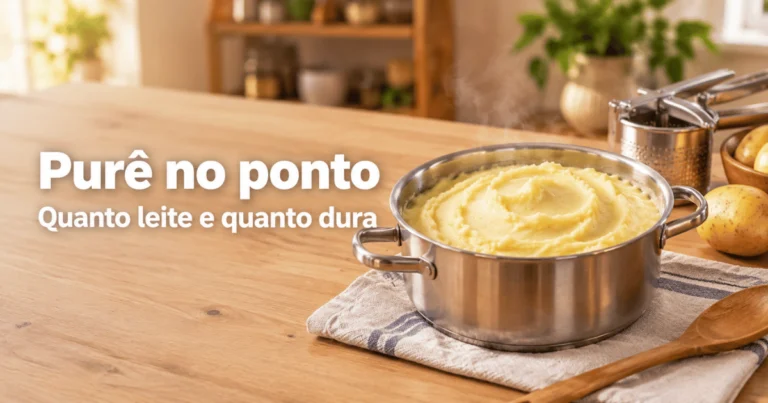 Panela com purê de batata cremoso sobre uma mesa de madeira clara, com um espremedor de batata, batatas cruas e uma colher de pau ao lado, em uma cozinha brasileira