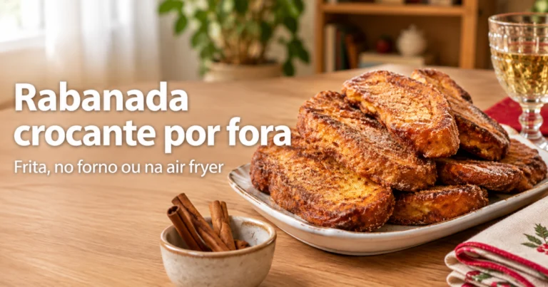 Rabanadas douradas com açúcar e canela numa travessa sobre mesa de madeira, com canela em pau, guardanapos de pano e taça ao lado