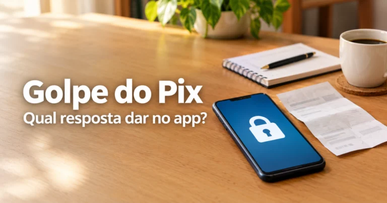 Celular com um cadeado na tela sobre uma mesa de madeira clara, ao lado de um comprovante de papel, um caderno e uma xícara de café