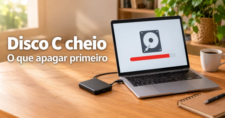 Notebook aberto sobre uma mesa de madeira clara, com um ícone genérico de disco quase cheio na tela