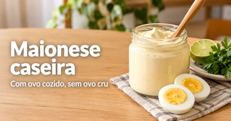 Pote de vidro com maionese caseira ao lado de ovos cozidos cortados, sobre mesa de madeira clara