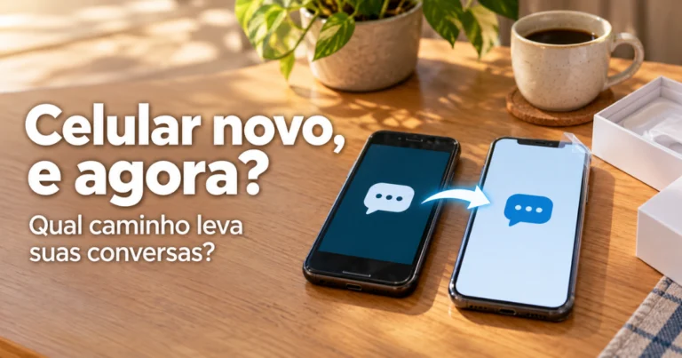 Dois celulares lado a lado sobre uma mesa de madeira clara, um mais antigo e um novo ainda com o plástico de proteção, com a caixa aberta ao lado, uma xícara de café e uma planta ao fundo.