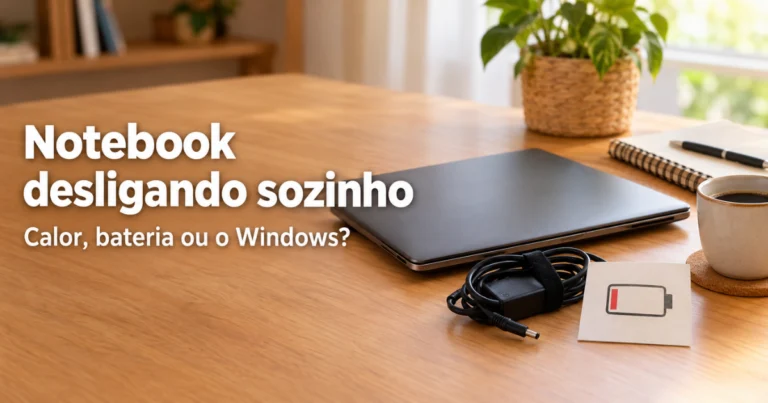 Notebook fechado sobre uma mesa de madeira clara, ao lado do carregador e de um ícone genérico de bateria fraca num cartão