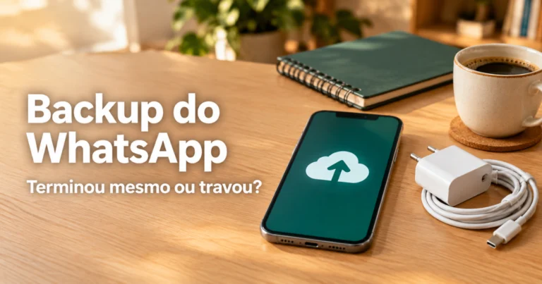 Celular com uma nuvem e uma seta de upload na tela, sobre uma mesa de madeira clara