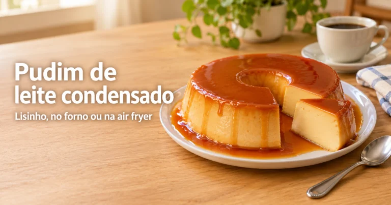 Pudim de leite condensado com calda de caramelo num prato sobre uma mesa de madeira clara