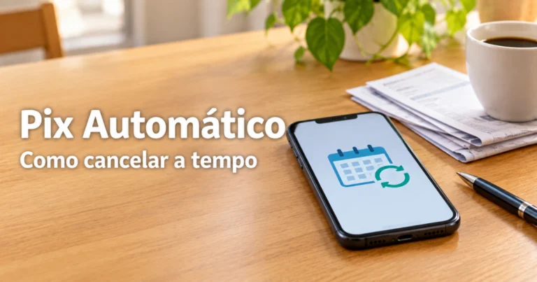 Celular sobre uma mesa de madeira clara com um ícone genérico de calendário e seta circular na tela, ao lado de contas de papel