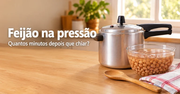 Panela de pressão de alumínio na bancada da cozinha ao lado de uma tigela de feijão carioca de molho