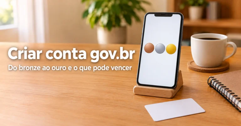 Celular em um suporte com três círculos de bronze, prata e ouro na tela, ao lado de um cartão em branco sobre mesa de madeira