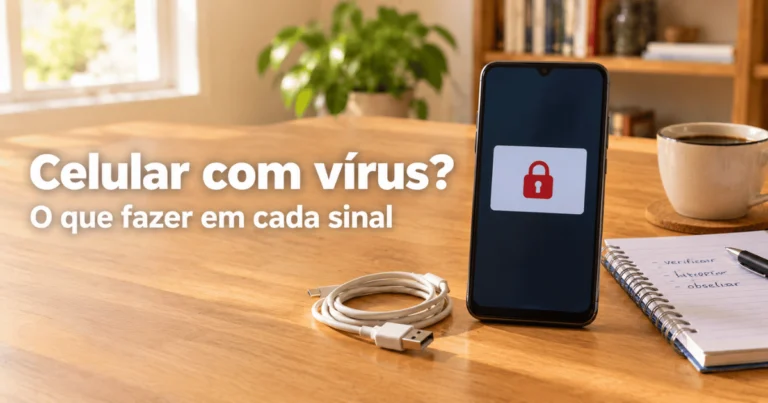 Celular com uma janela de aviso genérica com um cadeado na tela, sobre uma mesa de madeira clara, ao lado de um caderno, uma xícara de café e um carregador, em uma casa brasileira