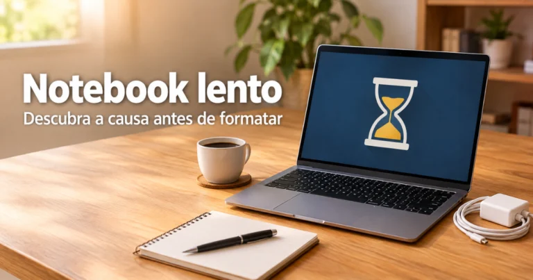Notebook aberto sobre uma mesa de madeira clara, com um ícone genérico de ampulheta na tela