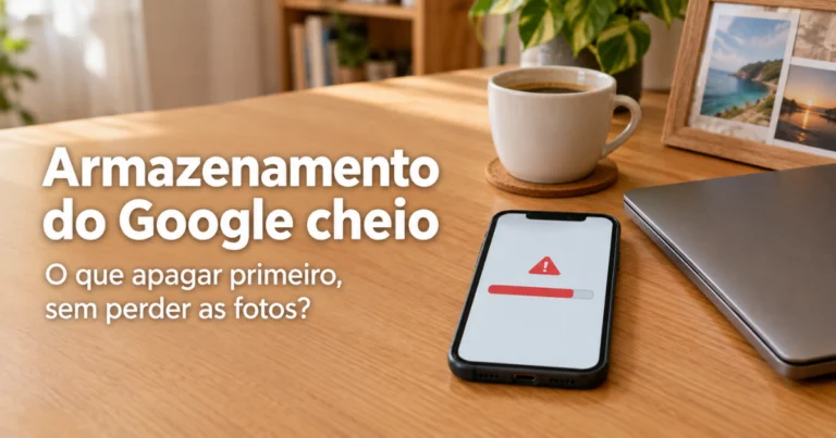 Celular sobre mesa de madeira clara mostrando um aviso genérico de armazenamento cheio, ao lado de um notebook fechado, uma xícara de café e um porta-retrato com fotos impressas.